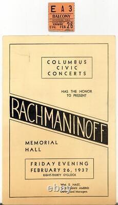 1937 Rachmaninoff Concert Program/Ticket Stub COLUMBUS OHIO
