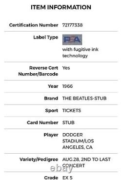 1966 The Beatles 2nd To Last Concert @ Dodgers Stadium Ticket Stub 8/28/66 Psa 5