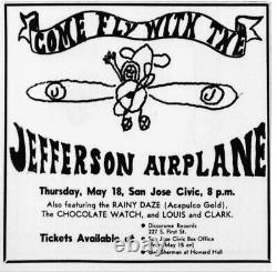 1967 JEFFERSON AIRPLANE San Jose, CA Concert Ticket Stub CHOCOLATE WATCHBAND