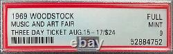 1969 WOODSTOCK Music + Art Fair Concert Festival Full 3 Day Ticket Unused PSA 9