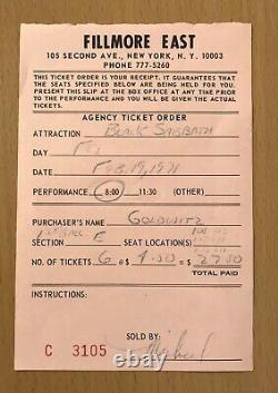 1971 Black Sabbath Paranoid Tour Fillmore East New York Concert Ticket Stub Ozzy