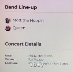 1974 Mott The Hoople / Queen Fox Atlanta Concert Ticket Stub Freddie Mercury