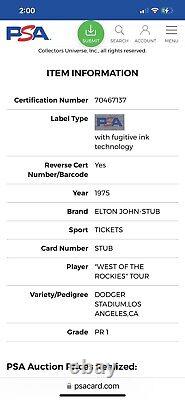 1975 Elton John At Dodger Stadium Concert Ticket Stub Top Concert Ever 11/26 Psa