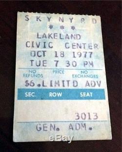1977 LYNYRD SKYNYRD Concert Ticket Stub LAKELAND FLA 2 DAYS BEFORE PLANE CRASH