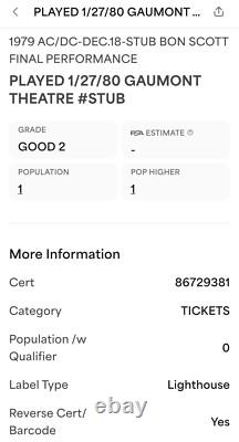 1979 Bon Scott Of Ac/dc Last Concert/final Performance Concert Ticket Stub Psa 2