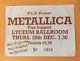 1984 Metallica London Concert Ticket Stub Ride The Lightning Tour Cliff Burton