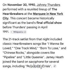 1990 Johnny Thunders & The Heartbreakers New York Concert Ticket Stub Last Show