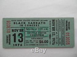 BLACK SABBATH 1976 Original UNUSED CONCERT TICKET Seattle, WA