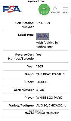 Beatles Chicago White Sox Park 8/20/1965 Concert Ticket Stub PSA Pop 3 Comiskey