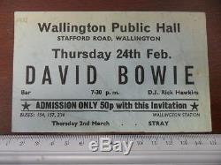 DAVID BOWIE Concert Invitation Feb 24,1972 Wallington Public Hall UK Ticket Stub
