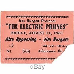 ELECTRIC PRUNES Concert Ticket Stub LAKE TAHOE CA 8/11/67 AMERICAN LEGION HALL