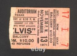 Elvis Presley Rare Original Concert Ticket Stub Nov 13 1971 Dallas Tx Memorial
