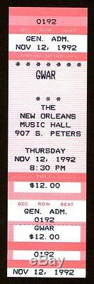 GWAR Unused Concert Ticket Stub 11-12-1992 New Orleans Music Hall Louisiana