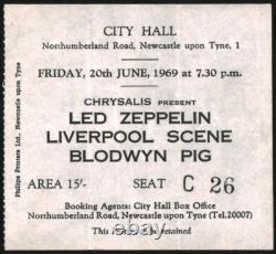 LED ZEPPELIN-John Bonham-1969 RARE Concert Ticket Stub (Newcastle-City Hall)