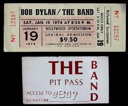 ORIGINAL Vintage BOB DYLAN / THE BAND Unused 1974 CONCERT TICKET Stub & PIT PASS