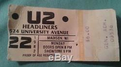 Original and Rare 1982 U2 Concert Ticket Stub November Tour Madison Wisconsin