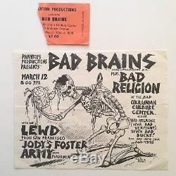Rare 1982 Bad Brains LA Concert Ticket Stub Flyer JFA Lewd Religion punk lp 7