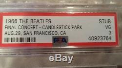 The Beatles Final Concert Ticket Stub 8/29/1966, Candlestick Park PSA Graded VG3